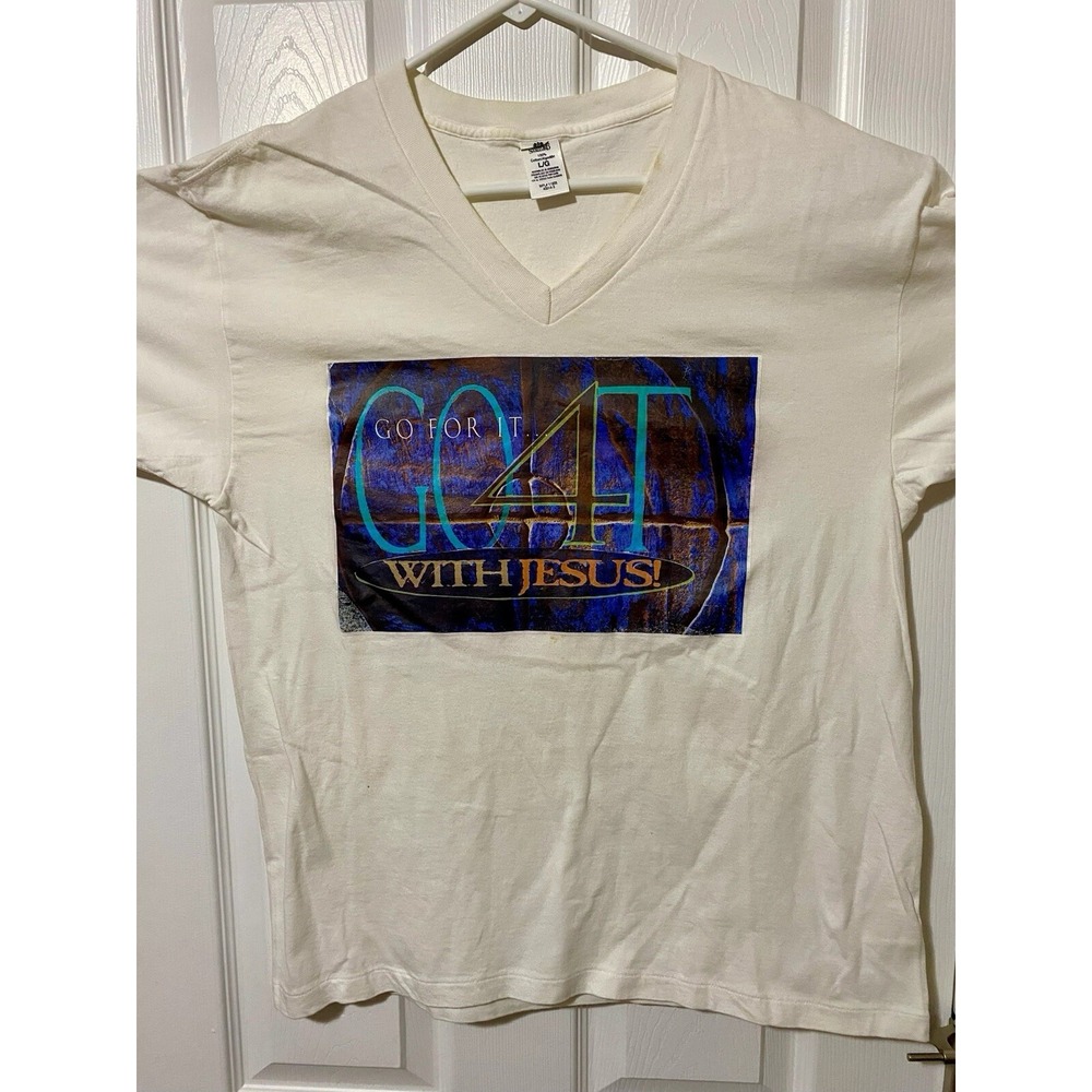 Vintage Go For It With Jesus V Neck White T Shirt